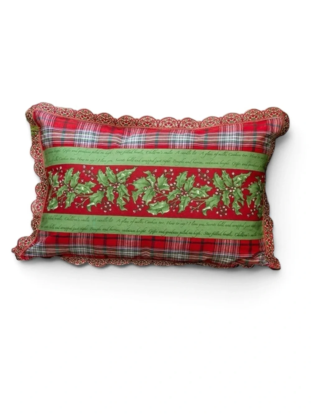 April Cornell Holly Song Patchwork 14x20 Christmas Pillow NWT Green Red